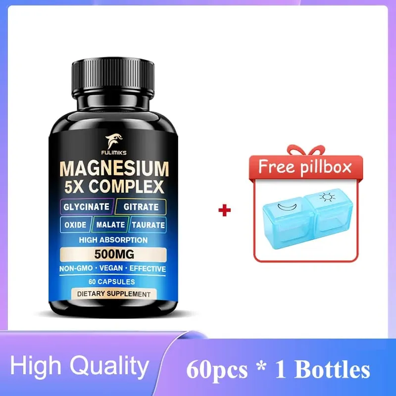 ยาแมกนีเซียมอาหารเสริม 5 in 1 Complex Glycinate Citrate Malate Taurate Oxide สนับสนุนความเครียดกล้ามเนื้อกระดูกหัวใจ Sleep