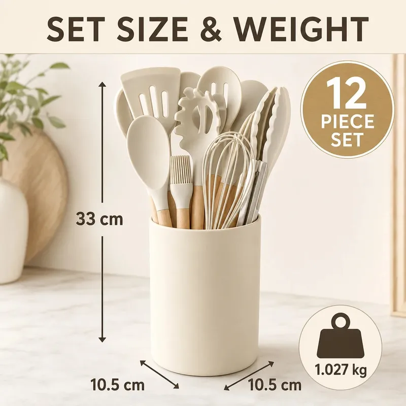 12PCS Silicone Kitchen Utensils Set with Holder - Nonstick Heat Resistant Wooden Handle Cooking Gadgets Set with Spatula Whisk Tongs & Spoon for Home Essentials — image 3