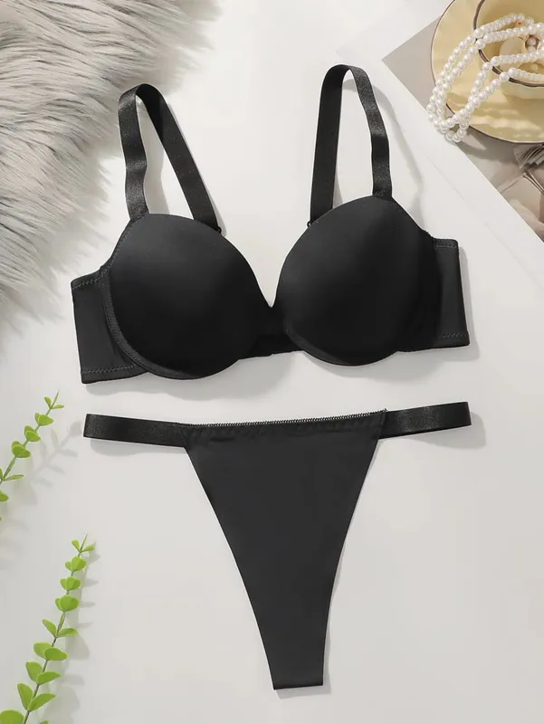 Pambabaeng Underwire Bra at Panty Set Solid Color Intimates 3/4 Cup T-Shirt Bra Push Up Underwear Lingerie Set para sa Babae S-L