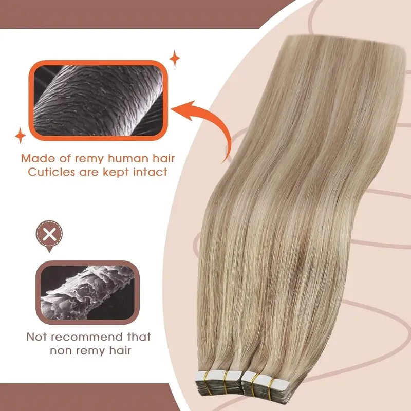 Invisible Tape in Hair Extensions Real Remy Hair Hair Extensions for Women Ash Blond mixed Platinum Blond Straight Hairpieces — image 6