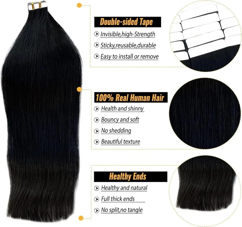 Straight Tape In Hair Extensions Adhesive Invisible Seamless 100% Human Hair 20pcs/50g Replaceable Glue Tape ins Natural Black — image 4
