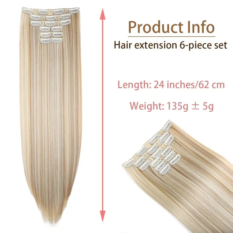 6-Piece Set 24-Inch Synthetic Clip-On Hair Extensions Straight Hair Removable Lightweight Synthetic Wig Women's Exclusive — image 3