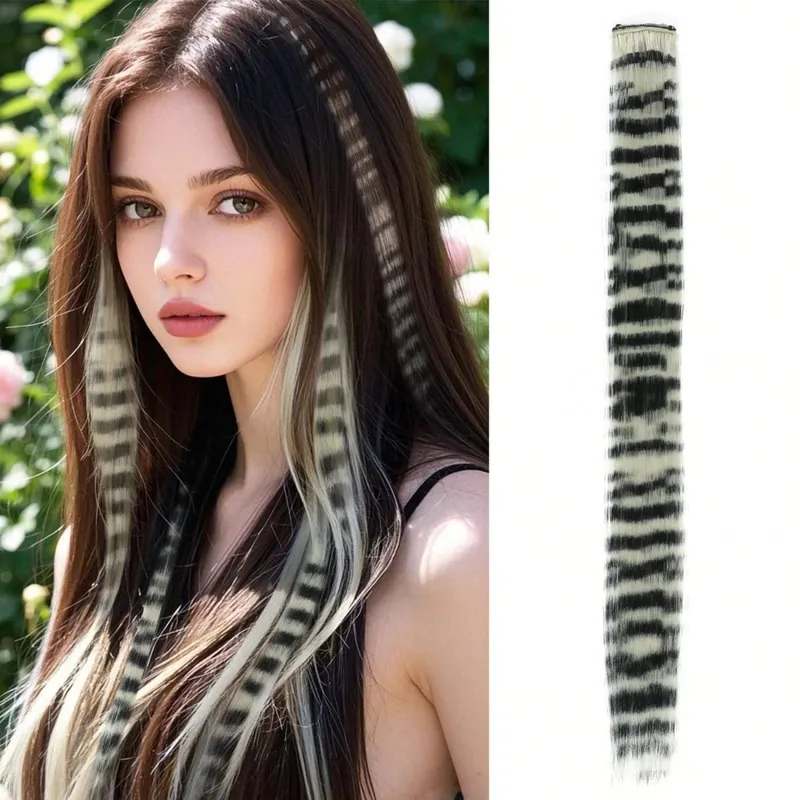 1pc/2pcs/3pcs/4pcs/6pcs/8pcs18" Long Straight Zebra Print Synthetic Feather clip in Hair Extensions Ideal Halloween Christmas — image 12