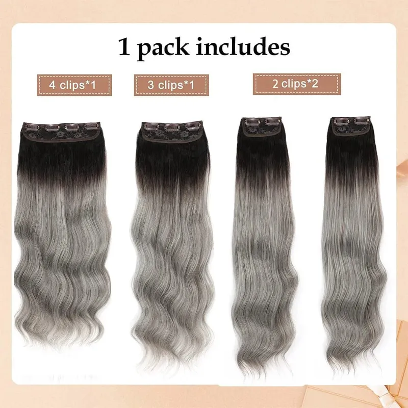 Gladys 220g/4Pcs 11 Clips Ins Ombre Grey Synthetic Hair Extensions 22 Inch Body Wave Ombre Brown Clip Ins Daily Use Hair Pieces