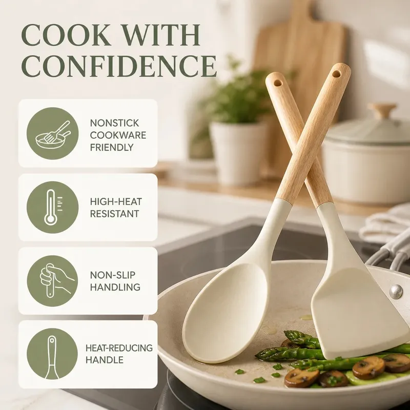 12PCS Silicone Kitchen Utensils Set with Holder - Nonstick Heat Resistant Wooden Handle Cooking Gadgets Set with Spatula Whisk Tongs & Spoon for Home Essentials — image 4