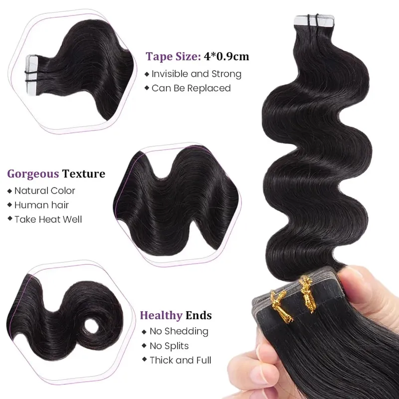 Tape In Hair Extensions Human Hair Body Wave Natural Black Real Human Hair Extensions Tape Ins 20Pcs/Pack Double Sided Tape Hair