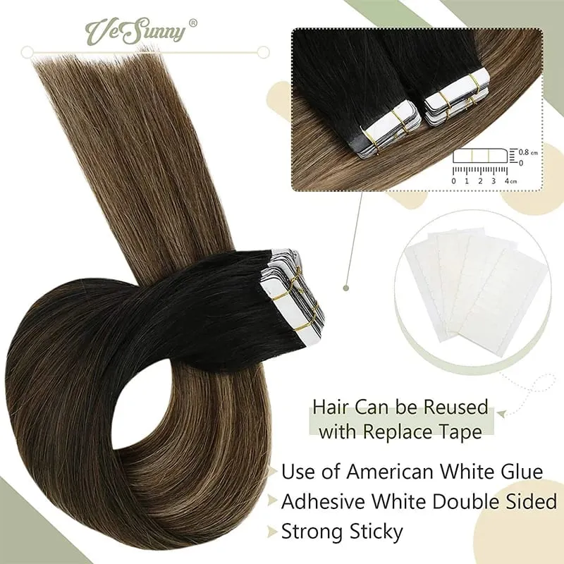 [Low Price] VeSunny Tape In Human Hair Extensions Human Hair Black Caramel Blonde Straight Hair 18 inches