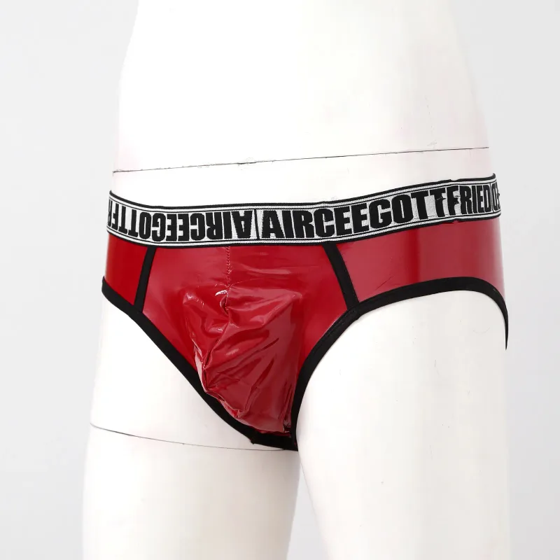 Homens de couro falso breve cuecas sexy olhar molhado cintura baixa bulge bolsa calcinha roupa interior maiô banho shorts — image 18