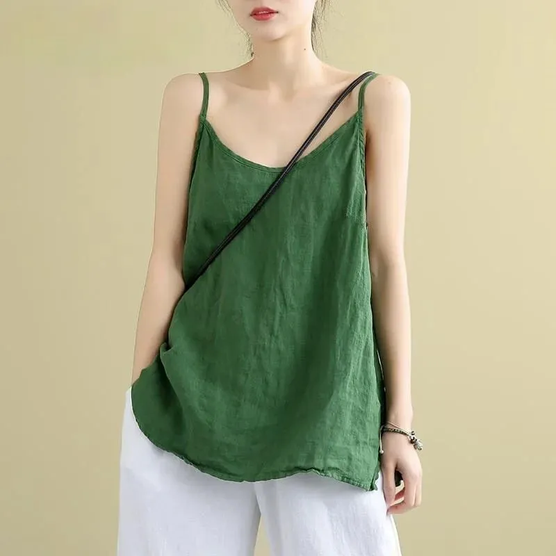 Women's Summer Top Cotton Linen Spaghetti Strap Top Women Halter V Neck Basic Yellow Sleeveless Tank Tops Loose Casual Camis — image 2