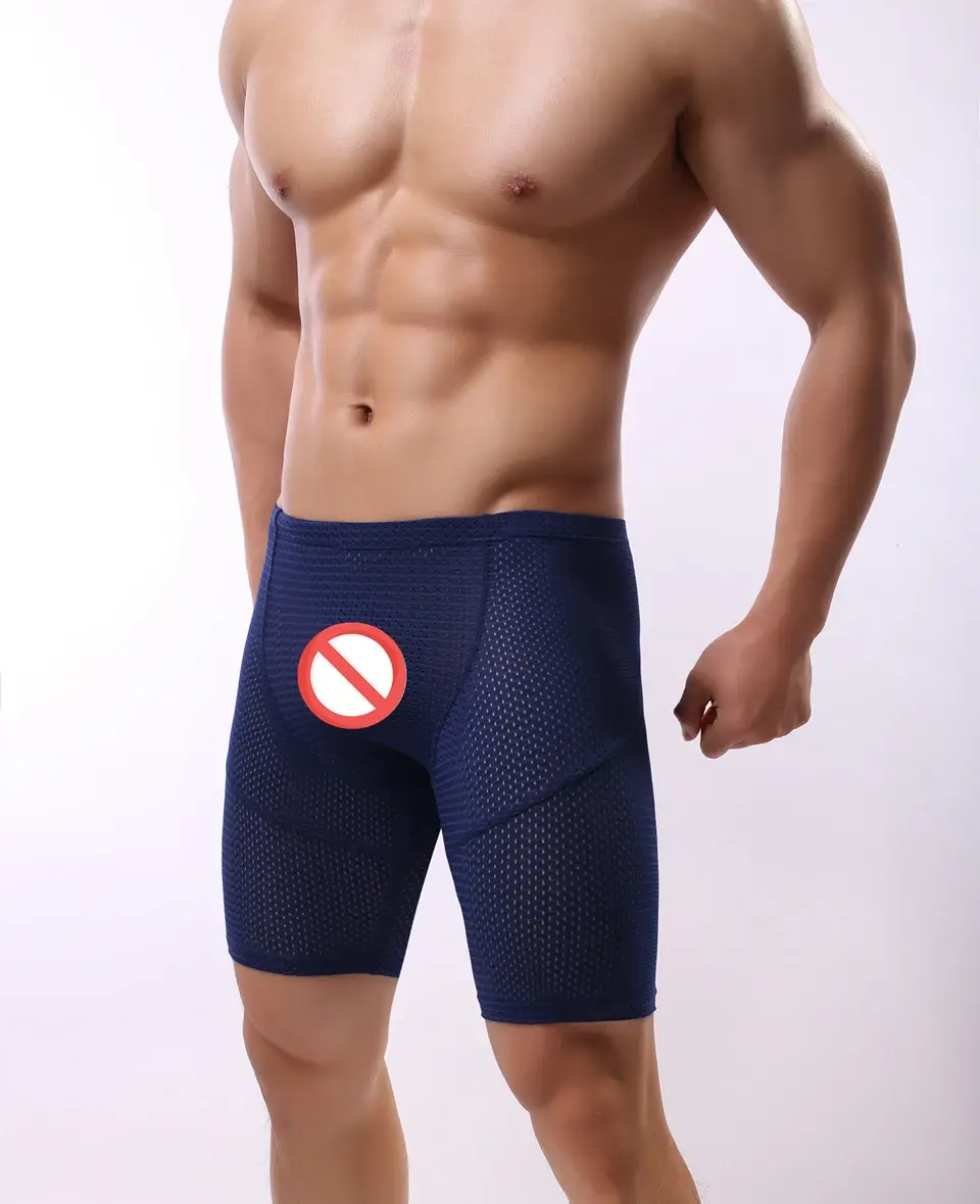 Homens de fitness longo boxer roupa interior malha respirável boxer shorts perna longa troncos sexy bolsa correndo cuecas — image 3