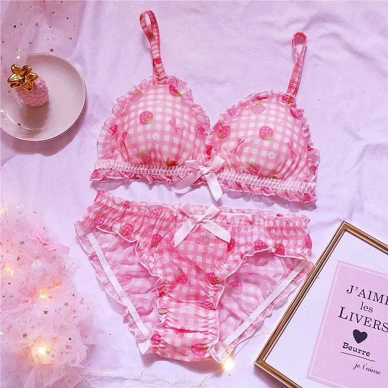 Cute Japanese Bras Briefs Underwear Set Lolita Girl Pink Plaid Flower Mesh Sexy Strawberry Print Bra & Panties Lingerie Set