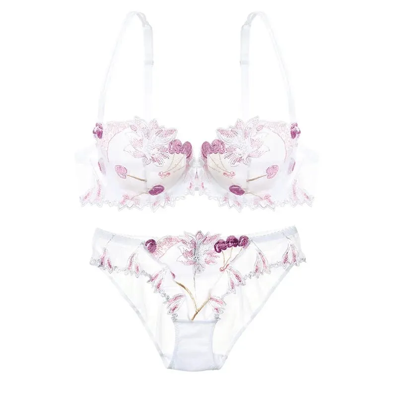 Sexig bh och trosa för kvinnor utan vadderad osynlig bygel-bh-set Spets Broderade trosor Underkläder Underkläder Set Plus Size 90D — image 2