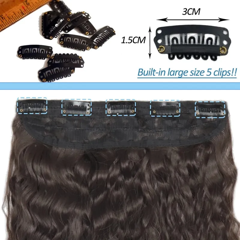 Synthetic 5 Clips Long Water Wave Clip In Hair Extensions Heat Resistant 22Inch One Piece Black Brown Hairpiece For Women — image 3