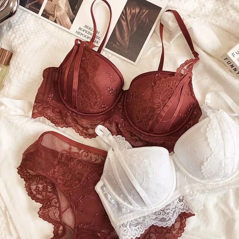 Mga natipon na tasa bakal na singsing na damit-panloob na may panti nagpapasuso ng puntas sexy na damit na panloob na suit ng kababaihan D cup bra at briefs set — image 2