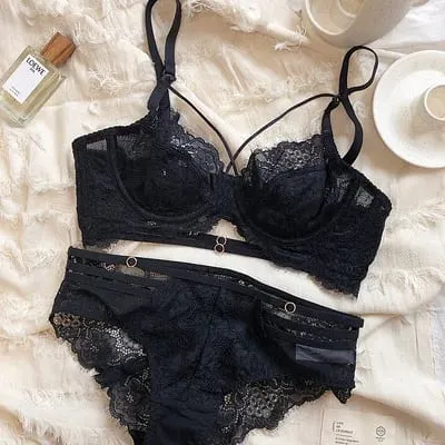 Novo bordado sutiãs roupa interior feminina conjunto plus size lingerie sexy a b c d copo ultrafino sutiã transparente calcinha de renda conjunto preto — image 2