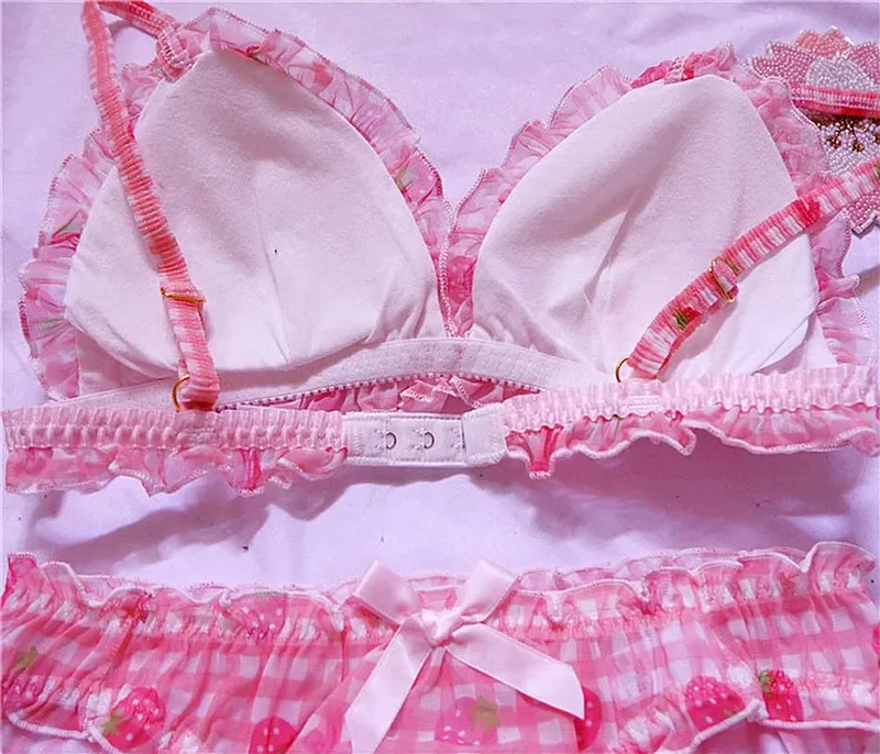 Cute Japanese Bras Briefs Underwear Set Lolita Girl Pink Plaid Flower Mesh Sexy Strawberry Print Bra & Panties Lingerie Set — image 4