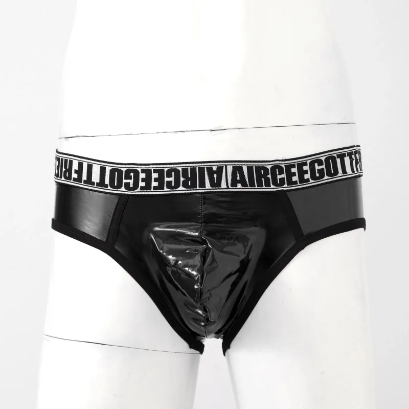 Homens de couro falso breve cuecas sexy olhar molhado cintura baixa bulge bolsa calcinha roupa interior maiô banho shorts — image 9