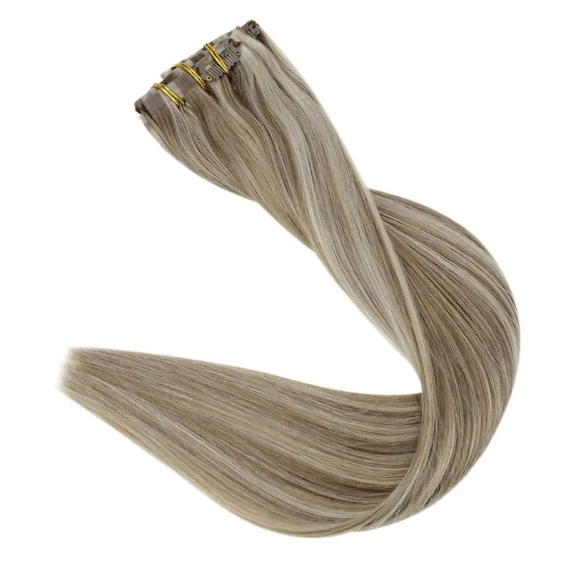 Plný lesk Bezešvé Neviditelné Clip In prodloužení Lidské vlasy 8 ks 120 g Remy Balayage blond barva — image 14