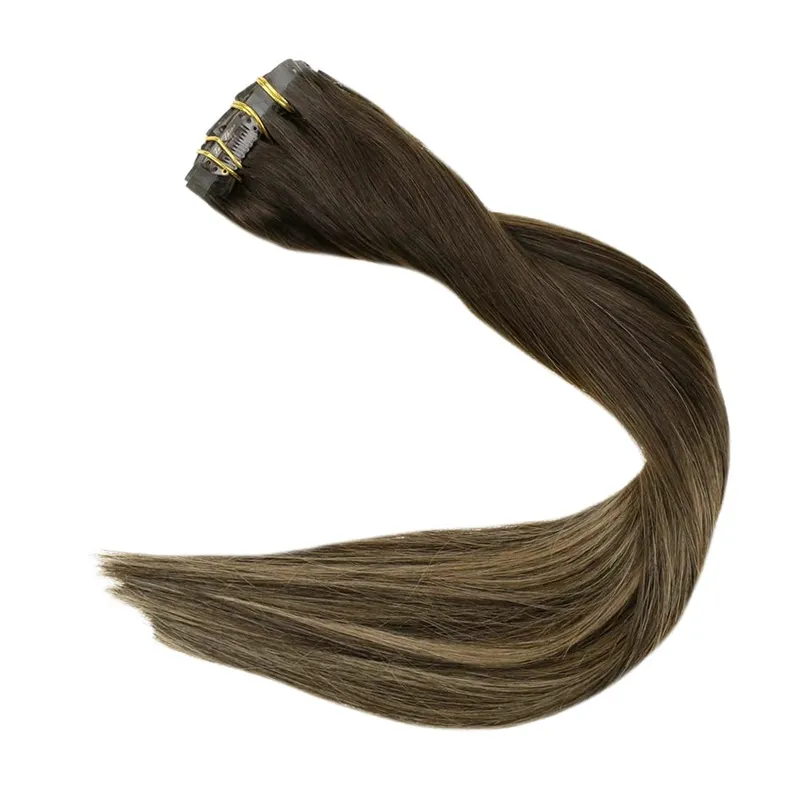 Plný lesk Bezešvé Neviditelné Clip In prodloužení Lidské vlasy 8 ks 120 g Remy Balayage blond barva — image 11