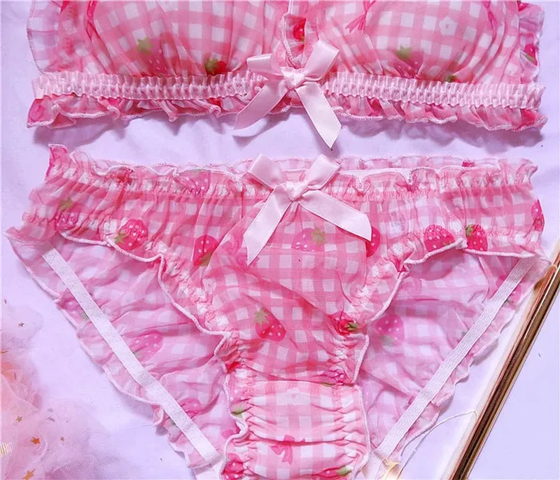 Cute Japanese Bras Briefs Underwear Set Lolita Girl Pink Plaid Flower Mesh Sexy Strawberry Print Bra & Panties Lingerie Set — image 3
