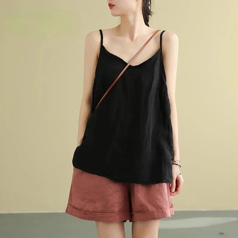 Women's Summer Top Cotton Linen Spaghetti Strap Top Women Halter V Neck Basic Yellow Sleeveless Tank Tops Loose Casual Camis — image 3