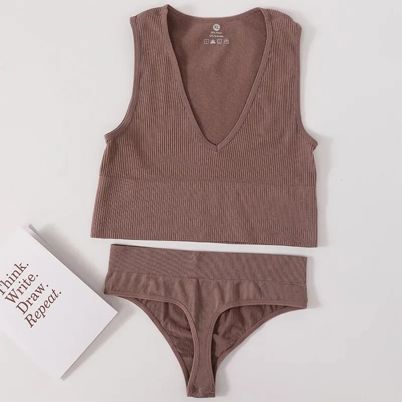 Sexiga kvinnor BH Set Sömlösa underkläder Strings med hög midja Mode Bralette Ribbade toppar BH Basic Crop Top Damunderkläder