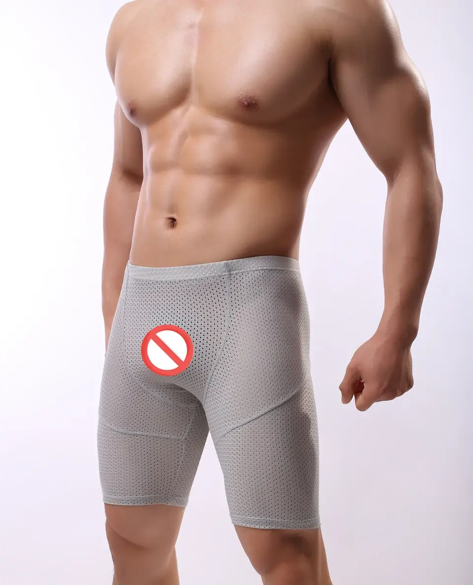 Homens de fitness longo boxer roupa interior malha respirável boxer shorts perna longa troncos sexy bolsa correndo cuecas — image 7
