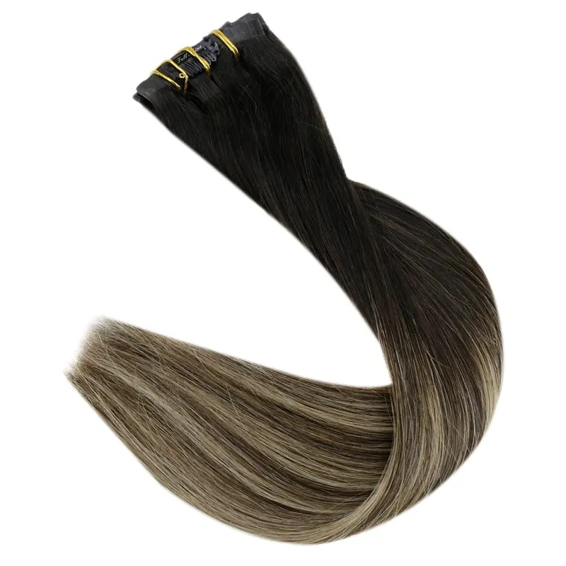 Plný lesk Bezešvé Neviditelné Clip In prodloužení Lidské vlasy 8 ks 120 g Remy Balayage blond barva — image 12