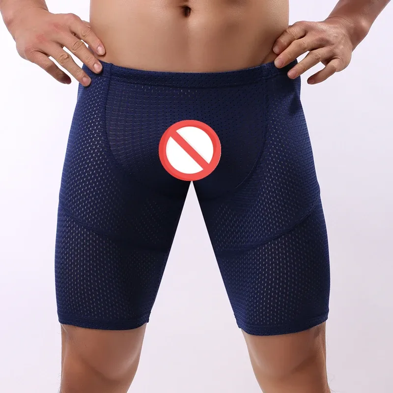Homens de fitness longo boxer roupa interior malha respirável boxer shorts perna longa troncos sexy bolsa correndo cuecas