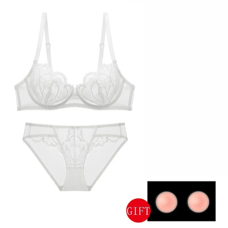 White Lace Transparent Sexy Bra at Panty Sets Plus Size D E Cup Floral Mesh Pambabae Underwear Red Bras Lingerie Set Para sa mga Babae — image 2