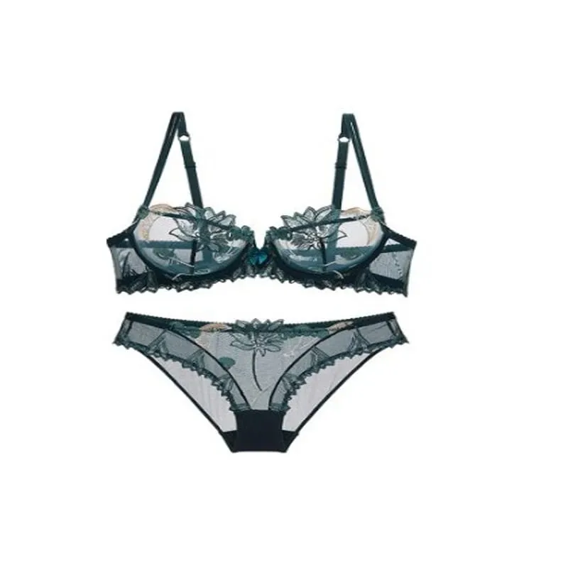 Sexig bh och trosa för kvinnor utan vadderad osynlig bygel-bh-set Spets Broderade trosor Underkläder Underkläder Set Plus Size 90D — image 6