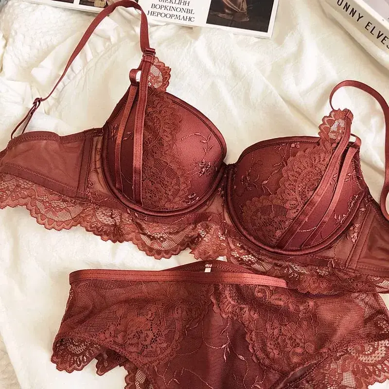 Mga natipon na tasa bakal na singsing na damit-panloob na may panti nagpapasuso ng puntas sexy na damit na panloob na suit ng kababaihan D cup bra at briefs set — image 4