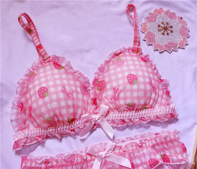 Cute Japanese Bras Briefs Underwear Set Lolita Girl Pink Plaid Flower Mesh Sexy Strawberry Print Bra & Panties Lingerie Set — image 2