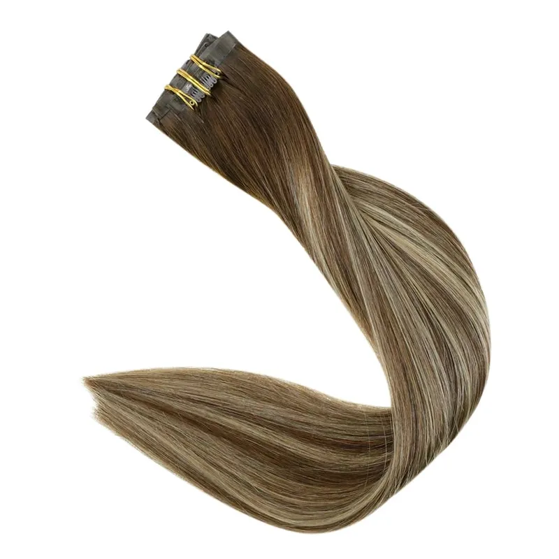 Plný lesk Bezešvé Neviditelné Clip In prodloužení Lidské vlasy 8 ks 120 g Remy Balayage blond barva