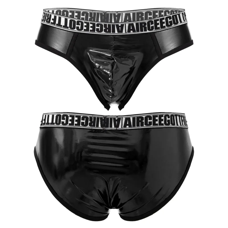 Homens de couro falso breve cuecas sexy olhar molhado cintura baixa bulge bolsa calcinha roupa interior maiô banho shorts — image 6