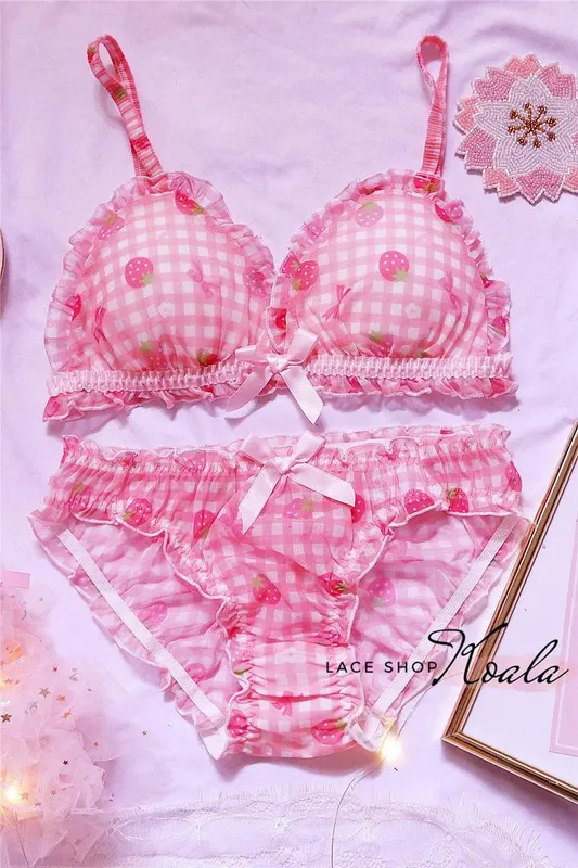 Cute Japanese Bras Briefs Underwear Set Lolita Girl Pink Plaid Flower Mesh Sexy Strawberry Print Bra & Panties Lingerie Set — image 6