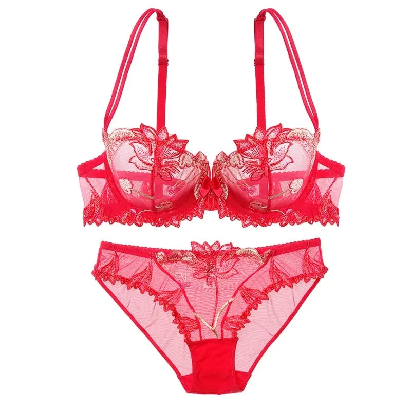 Sexig bh och trosa för kvinnor utan vadderad osynlig bygel-bh-set Spets Broderade trosor Underkläder Underkläder Set Plus Size 90D — image 5