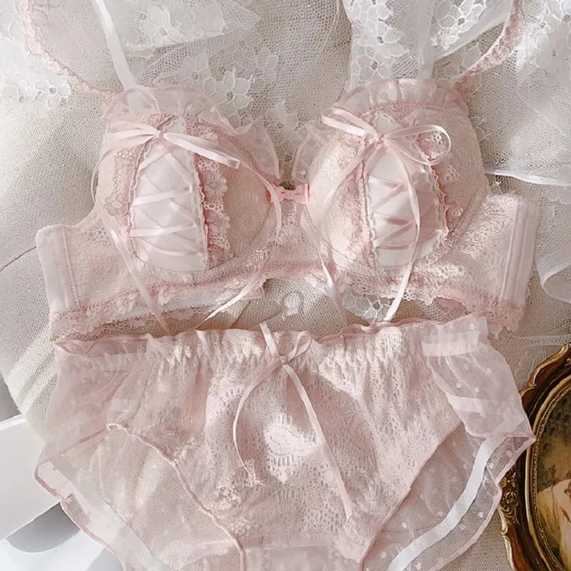 Mulheres cor sólida bordado renda lingerie e calcinha conjunto babados cruz fita sexy fino molde copo sutiãs sem anel de aço bralette