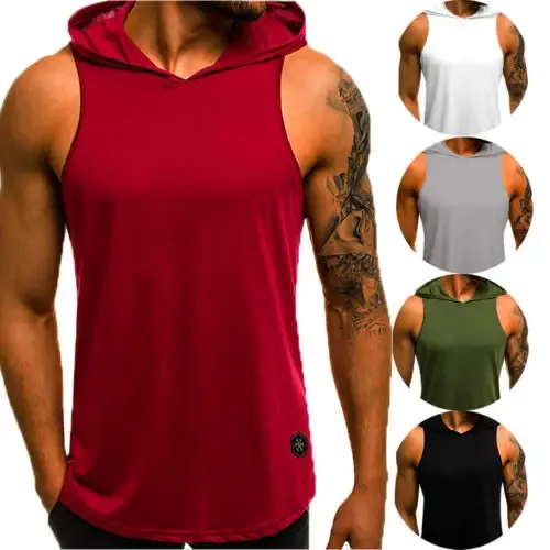 Nova chegada masculina sem mangas liso sólido moletom com capuz fitness pulôver sem mangas — image 3