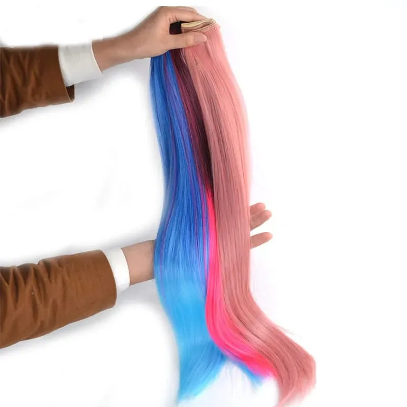 Jeedou Rainbow Hairpieces Clip In Hair Extension One Piece With 5Clips Ombre Color Straight Hair Wig For Girls Halloween Cosplay