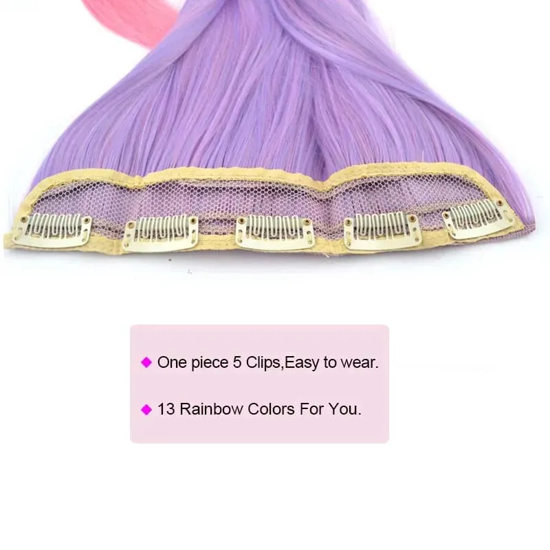 Jeedou Rainbow Hairpieces Clip In Hair Extension One Piece With 5Clips Ombre Color Straight Hair Wig For Girls Halloween Cosplay