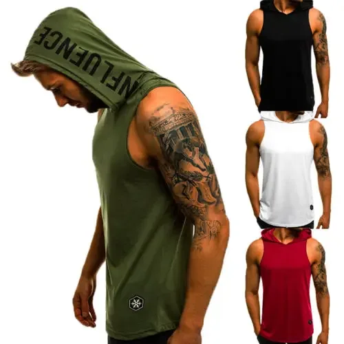 Nova chegada masculina sem mangas liso sólido moletom com capuz fitness pulôver sem mangas — image 2