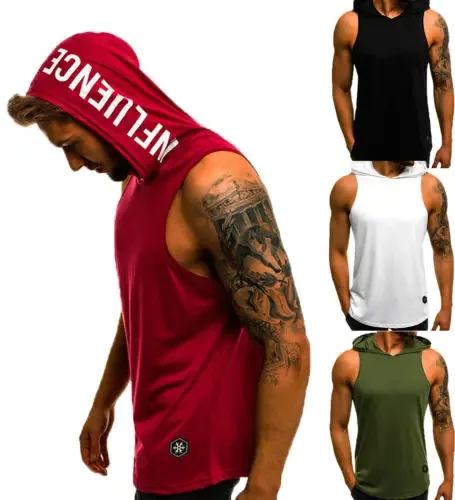 Nova chegada masculina sem mangas liso sólido moletom com capuz fitness pulôver sem mangas