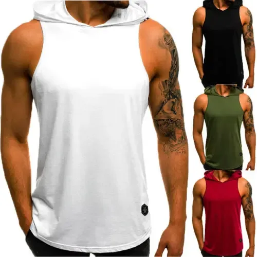 Nova chegada masculina sem mangas liso sólido moletom com capuz fitness pulôver sem mangas — image 4
