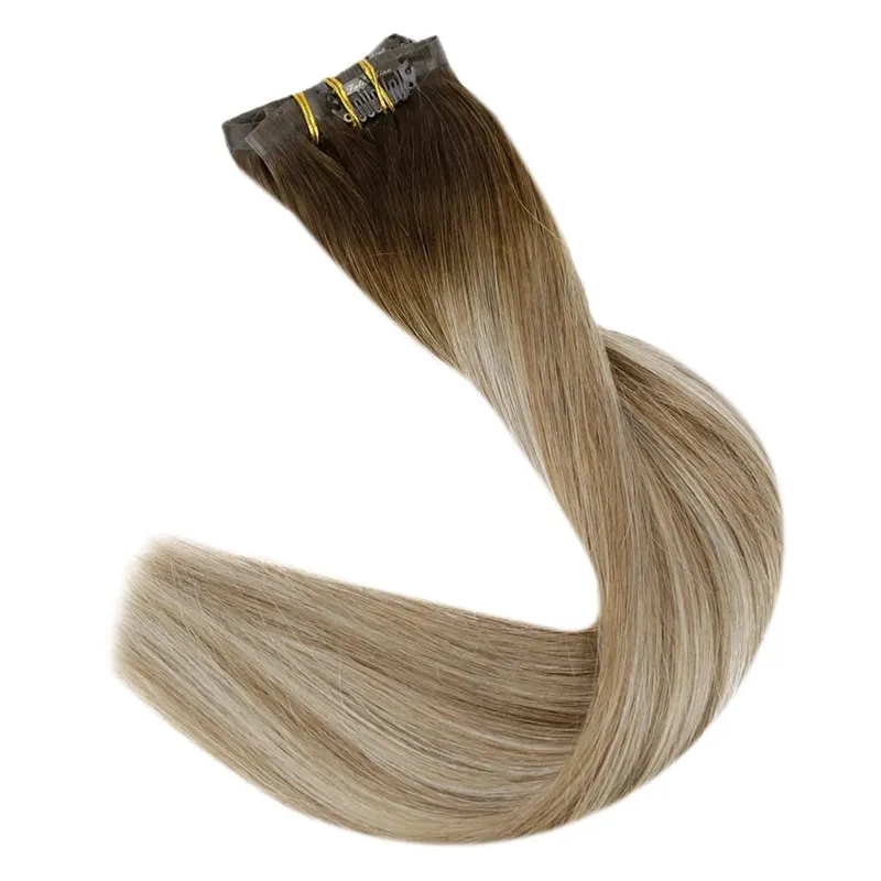Plný lesk Bezešvé Neviditelné Clip In prodloužení Lidské vlasy 8 ks 120 g Remy Balayage blond barva — image 13