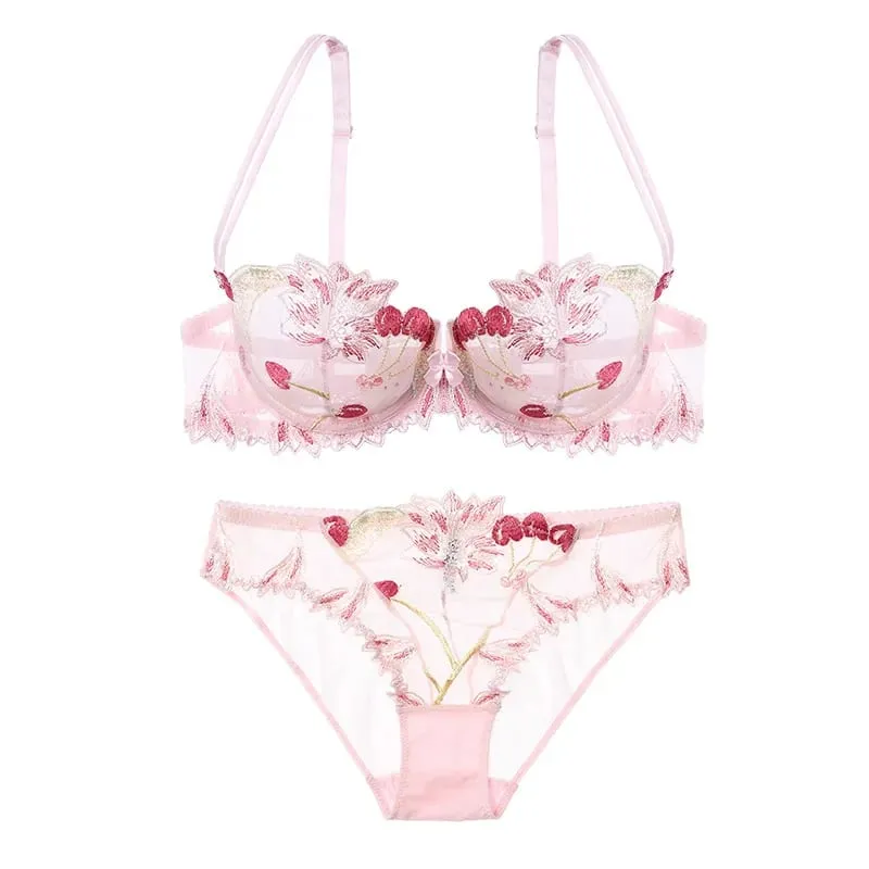 Sexig bh och trosa för kvinnor utan vadderad osynlig bygel-bh-set Spets Broderade trosor Underkläder Underkläder Set Plus Size 90D — image 3