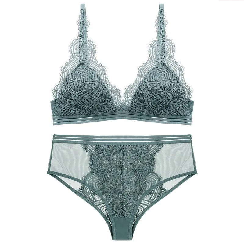 Bra Cup Segitiga Renda Nirkabel Berjajar Tipis dan Set Celana Dalam Pakaian Dalam Wanita Lingerie Perancis Seksi Bra Anak Perempuan Bralette