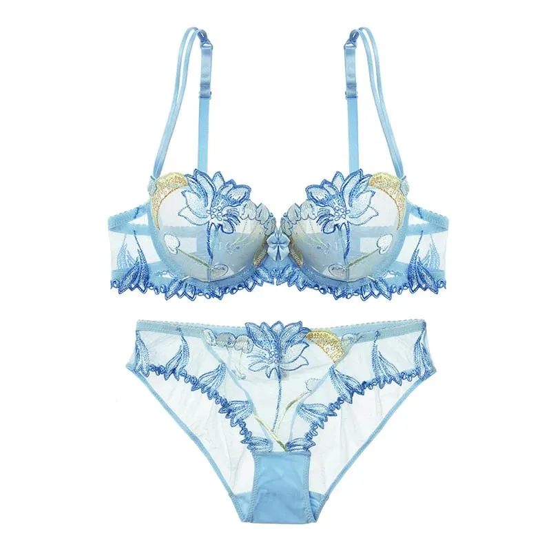 Sexig bh och trosa för kvinnor utan vadderad osynlig bygel-bh-set Spets Broderade trosor Underkläder Underkläder Set Plus Size 90D