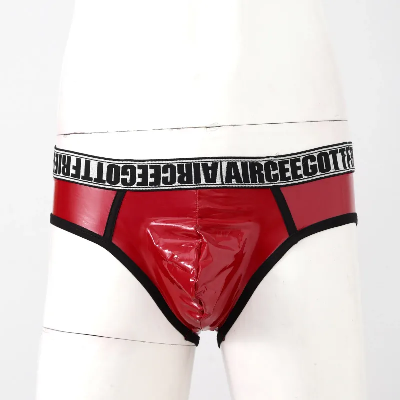 Homens de couro falso breve cuecas sexy olhar molhado cintura baixa bulge bolsa calcinha roupa interior maiô banho shorts — image 17