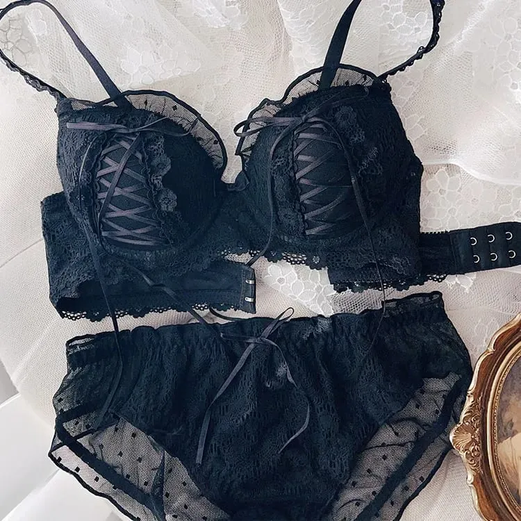Mulheres cor sólida bordado renda lingerie e calcinha conjunto babados cruz fita sexy fino molde copo sutiãs sem anel de aço bralette — image 3